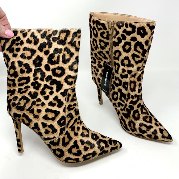 NWT $108 Express Genuine Calf Hair Leopard Side Zip Pointed Toe Ankle Boots 7 - Picture 1 of 10